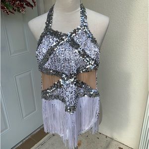 ALGY. White Leotard with Silver Sequins/fringes.Eye-catching. Child Size.